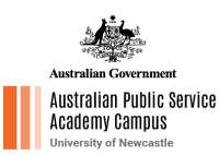 Australian Government logo with 3 Orange vertical rectangular blocks decreasing in width and colour from left to right with the words Australian Public Service Academy Campus. University of Newcastle Australia logo and wording
