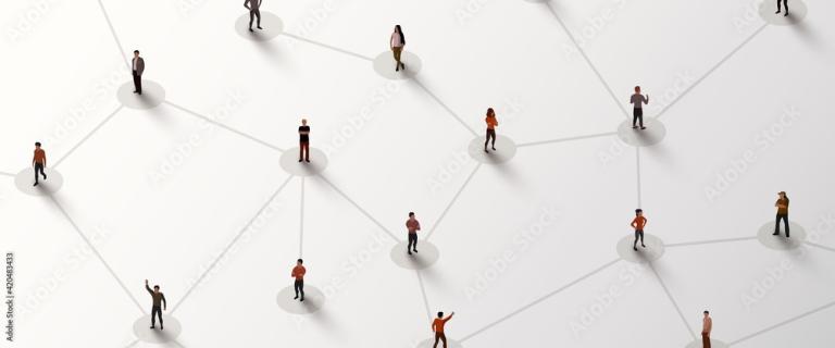 Lots of people standing spread out with lines mimicking a network joining them together.
