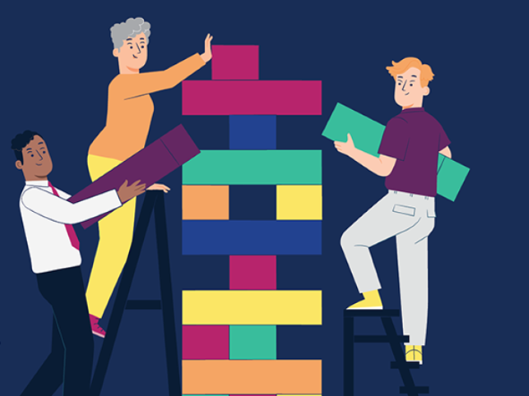 A figurative illustration of people stacking building blocks