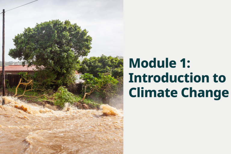 Photo of damaged property with flood waters flowing past.  Text to the right of the photo "Module 1: Introduction to Climate Change"