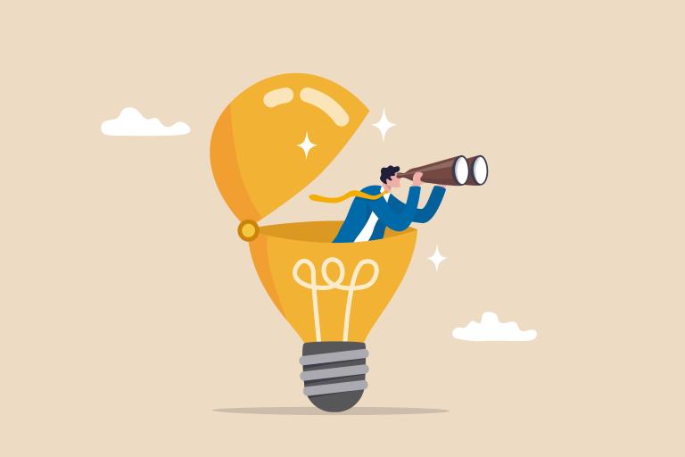 An illustrative lightbulb with a graphic of a man holding binoculars to his eyes standing inside the top of the lightbulb.