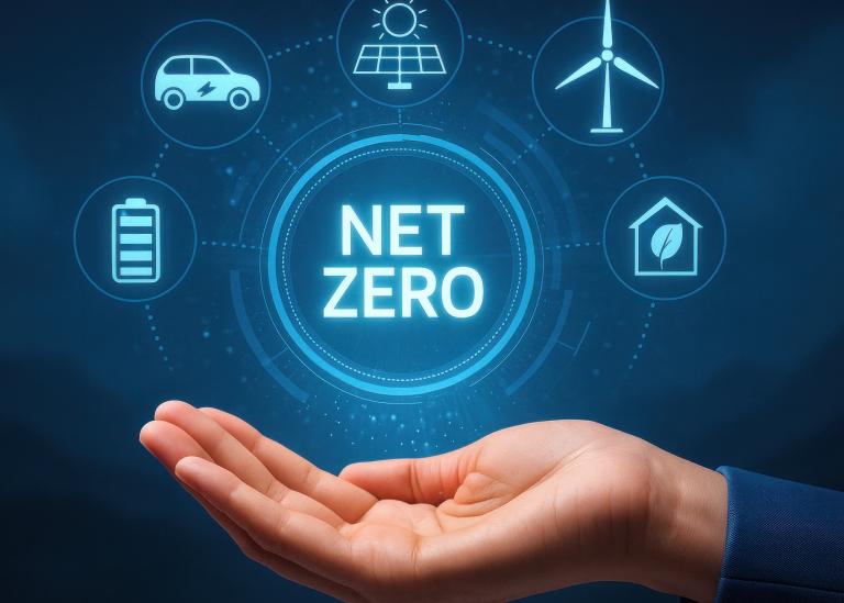 An image of an open hand with wording ‘Net Zero’ above it. This is surrounded by icons of a clip board; an electric car; solar panel/sun; wind turbine; and a house with green leaf symbol inside it.