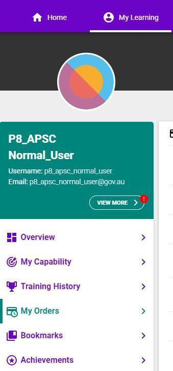 Screenshot of the My Learning tab in APSLearn, showing the My Orders menu link where you can go to view receipts.