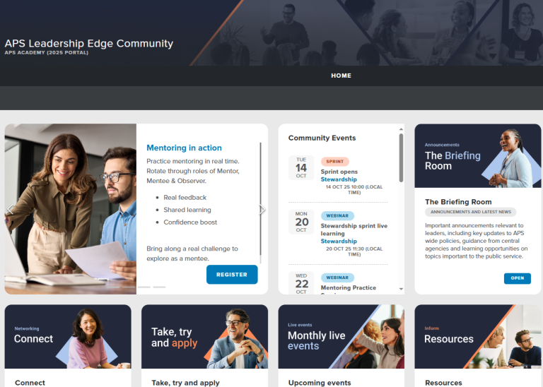 Screenshot of APS Leadership Edge 2025 platform. Shows the activities currently on offer, such as The Briefing Room for announcements, Take Try and Apply for quick wins and solutions, and the Resource library. 