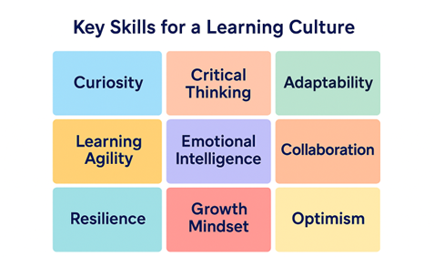 A grid titled "Key Skills for a Learning Culture" displaying nine skills: Curiosity, Critical Thinking, Adaptability, Learning Agility, Emotional Intelligence, Collaboration, Resilience, Growth Mindset, and Optimism. Each skill is in a colored box.