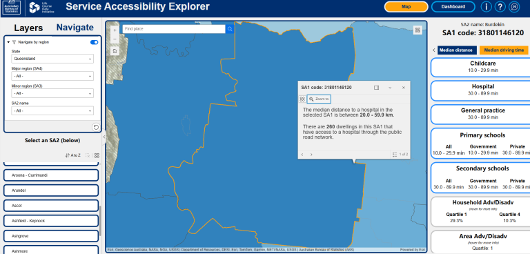 Shows the service accessibility explorer with data about median distance and driving time to hospitals within a selected area.