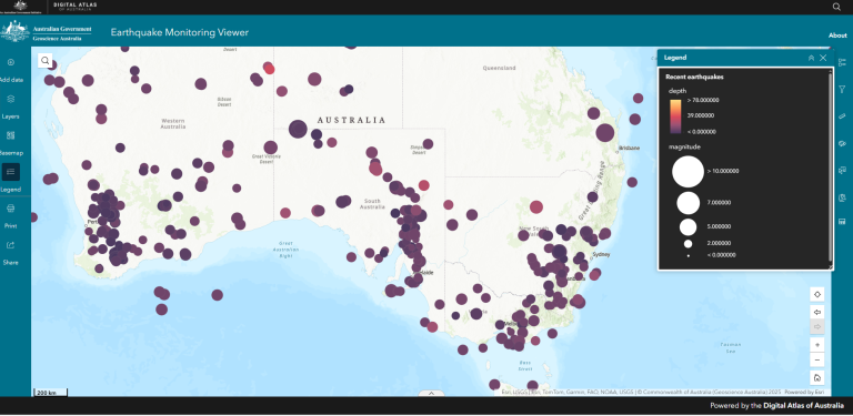 Visual of an earthquake monitoring viewer showing various sized and coloured dots on a map of Australia indicating earthquake depth and magnitude.