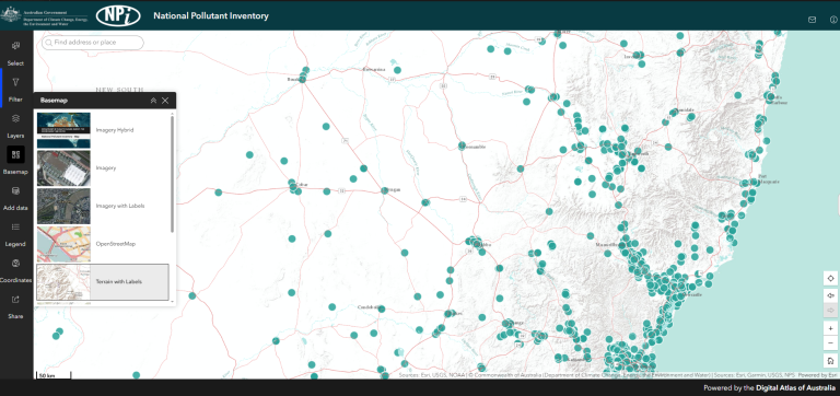 A map on the national pollutant inventory showing the east coast of NSW with scattered dots indicating pollutants.