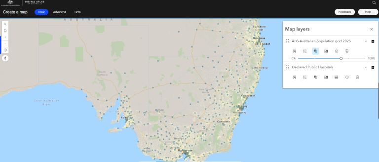 Map showing declared public hospitals in South Australia, Victoria, New South Wales and Queensland.