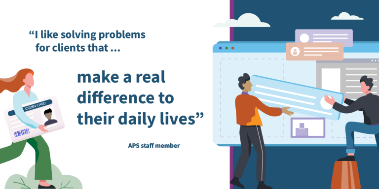 Illustrated banner featuring the quote, “I like solving problems for clients that make a real difference to their daily lives”. On the left, a person holds a citizen card. On the right, two people collaborate on a large digital form interface.