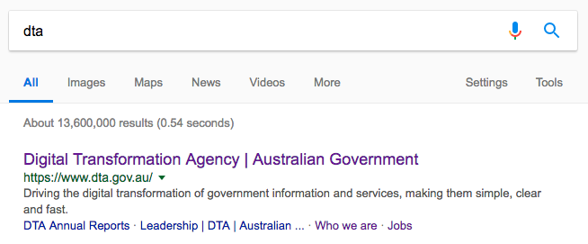 Screenshot of a Google search results page for the query “dta”. The first result is the Digital Transformation Agency (DTA) website, displaying the page title “Digital Transformation Agency | Australian Government” and a description about driving the digital transformation of government information and services. The image illustrates how users locate government organisations through search engines.