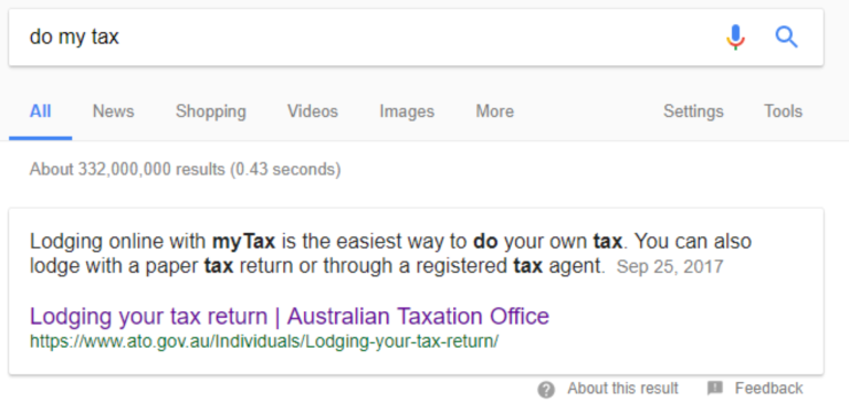Screenshot of a Google search results page for the query “do my tax”. A featured search result from the Australian Taxation Office appears at the top, displaying a highlighted answer explaining that lodging online with myTax is the easiest way to complete a tax return. The image demonstrates how search engines provide direct answers from webpage content within search results.
