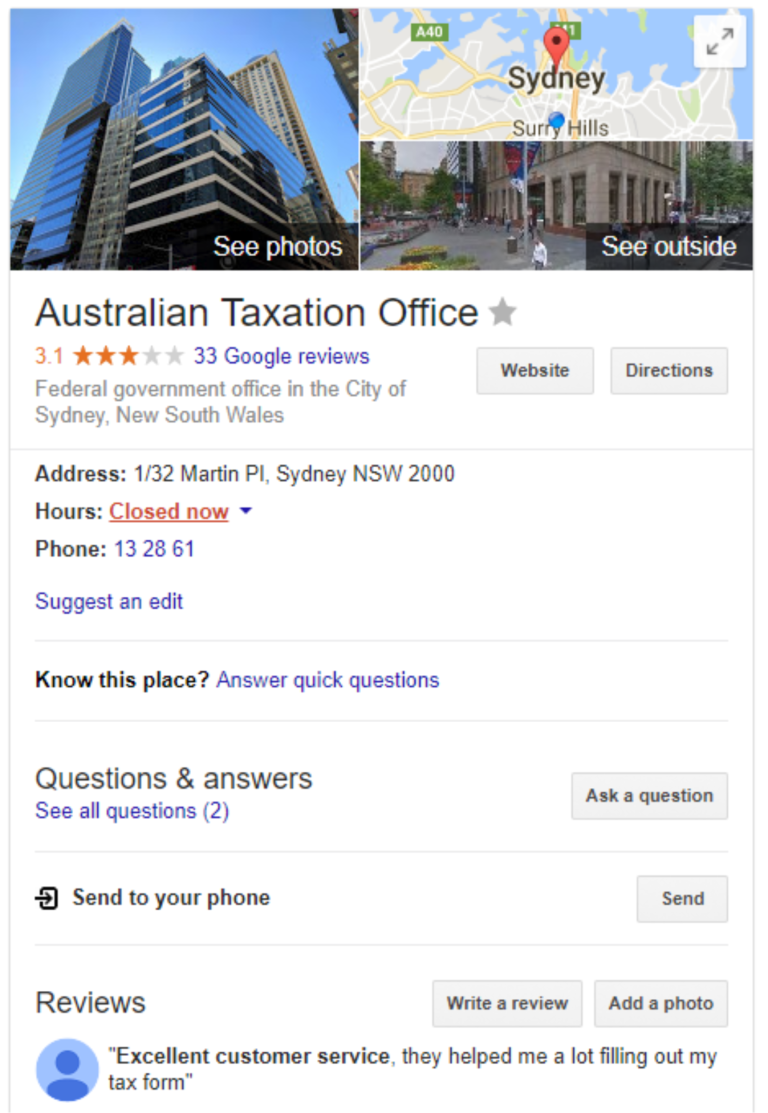 Google business profile panel for the Australian Taxation Office in Sydney. The listing includes photos, a map location, review ratings, contact details, opening hours, website and directions links, along with customer reviews and questions. The image demonstrates how organisation information is displayed in search results through structured data and business listings.