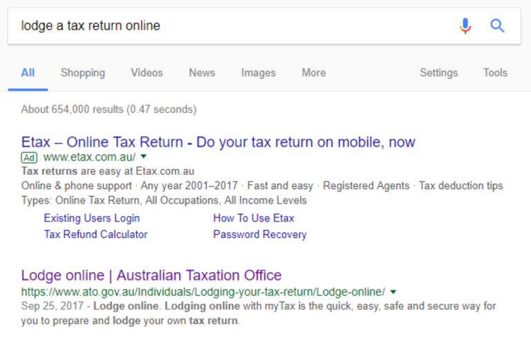 Screenshot of a Google search results page for “lodge a tax return online”. The results include a paid advertisement for an online tax return service displayed above an organic search result from the Australian Taxation Office (ATO). The image illustrates the difference between paid and organic search results and how advertisements can appear before official government content.
