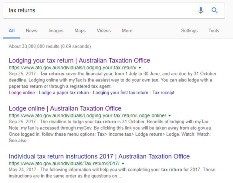 Screenshot of a Google search results page for “tax returns”. The results show Australian Taxation Office (ATO) pages, including lodging a tax return, lodging online, and individual tax return instructions. The image illustrates how users search for and access government information through search engines.