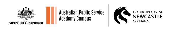 Australian Government logo with 3 Orange vertical rectangular blocks decreasing in width and colour from left to right with the words Australian Public Service Academy Campus. University of Newcastle Australia logo and wording