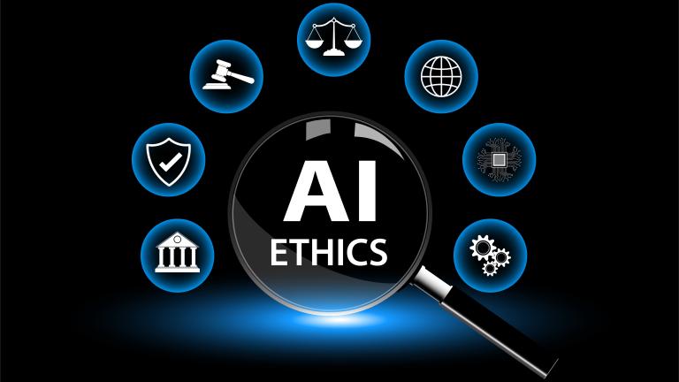A graphic with the words, ‘AI Ethics’ in the centre of a magnifying glass around which are 7 circles which have infographic icons.