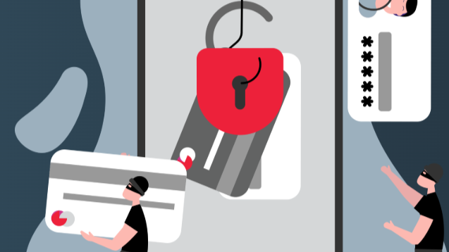 Illustrative image of criminals in balaclavas – one holding an oversize credit card in his arms and another pointing to an opened padlock.