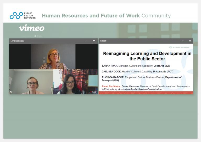 Virtual meeting screenshot with three participants along with a powerpoint slide titled ‘Reimagining Learning and Development in the Public Sector’ with panellists names.