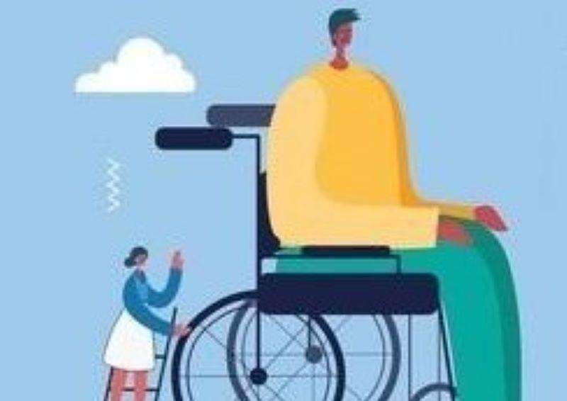 Cartoon of oversized man in a wheelchair with a disproportionately small women in nurses uniform on a stepladder resting on the back wheel of the wheelchair