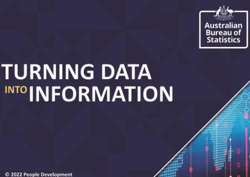Words ‘Turning Data into Information’ on a screen with Australian Bureau of Statistics logo.