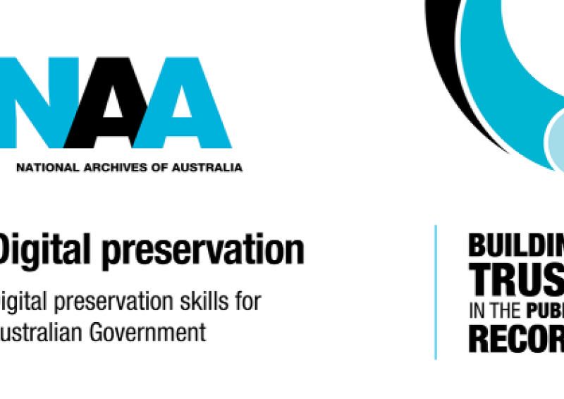 National Archives Australia logo with the text "Digital preservation. Digital preservation skills for Australian Government" "Building trust in the public record"