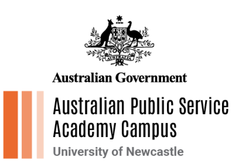 Australian Government logo with 3 Orange vertical rectangular blocks decreasing in width and colour from left to right with the words Australian Public Service Academy Campus. University of Newcastle Australia logo and wording
