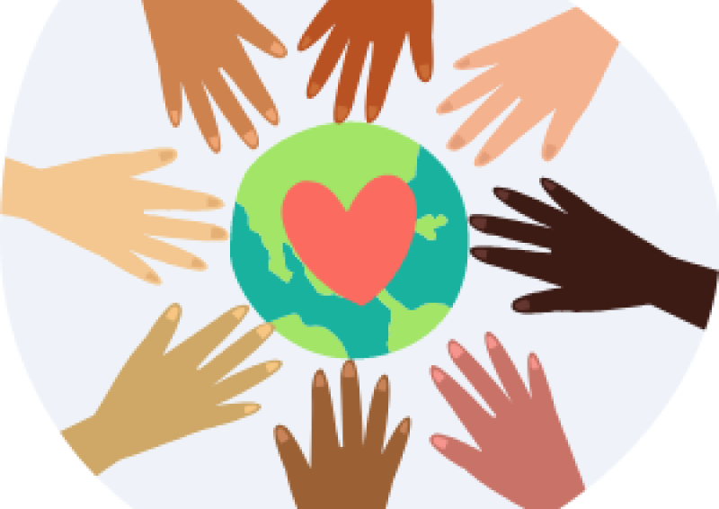 A graphic of the world globe with a heart centred in the globe, and eight hands coming together to touch the globe.