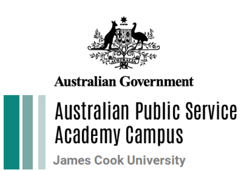 Australian Government logo with the wording "Australian Government", "Australian Public Service Academy Campus" "James Cook University"