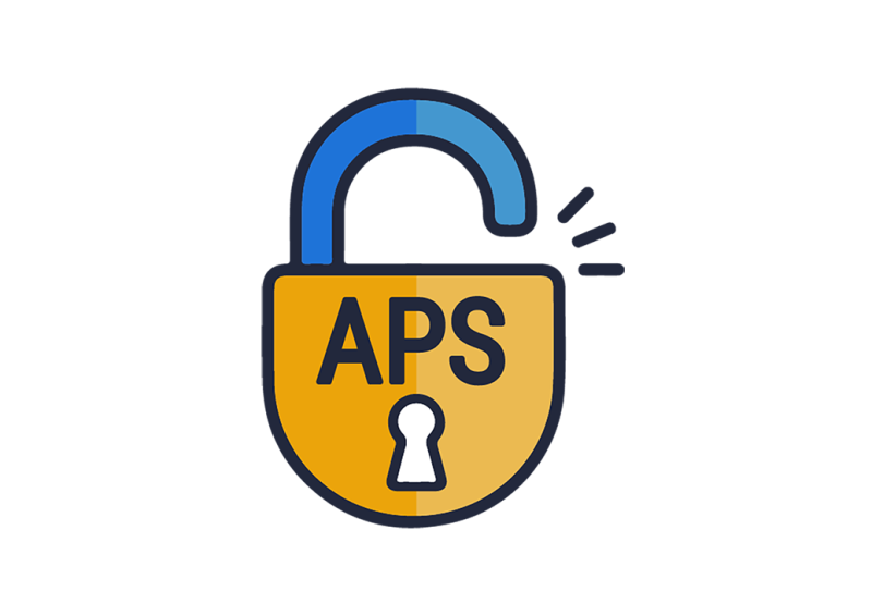 Illustration of an open padlock with the letters APS in the middle of the padlock