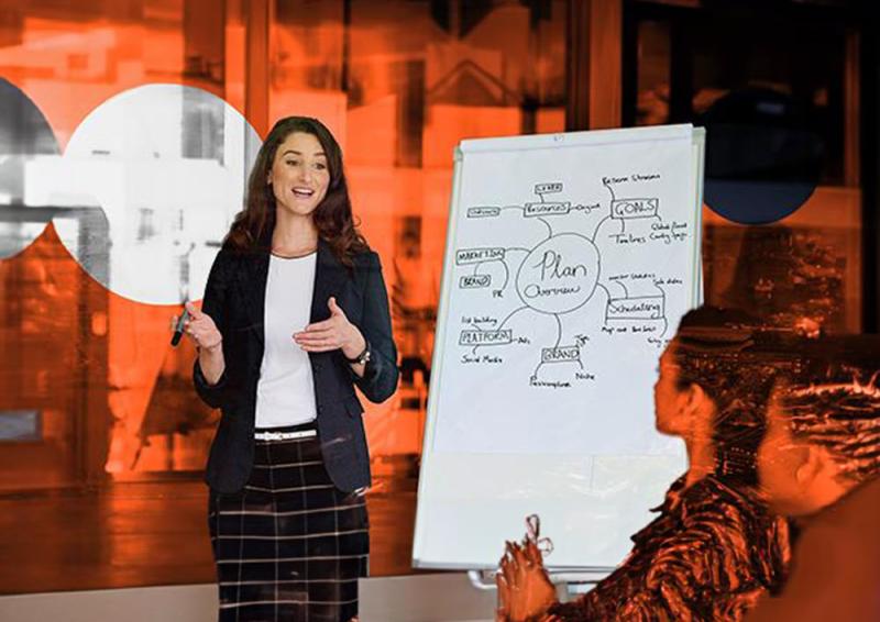 Person standing in front of a whiteboard presenting to a room