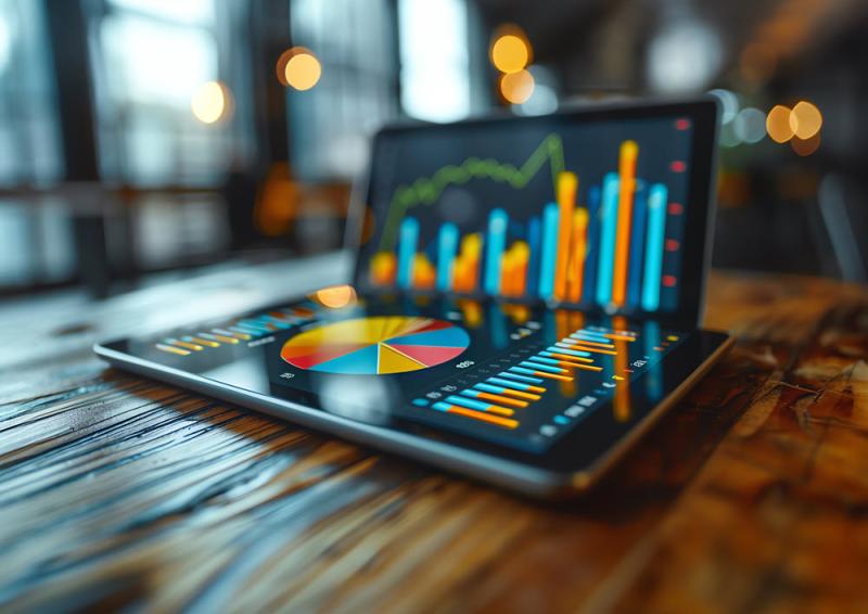 Illustrative image of ipad with bar charts and pie chart on it sitting on a desk