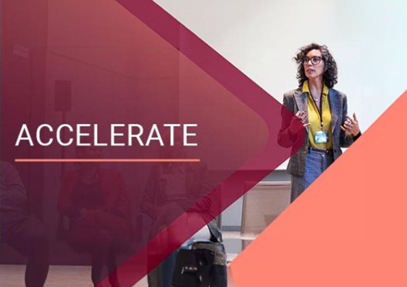 The word ACCELERATE with a woman standing presenting