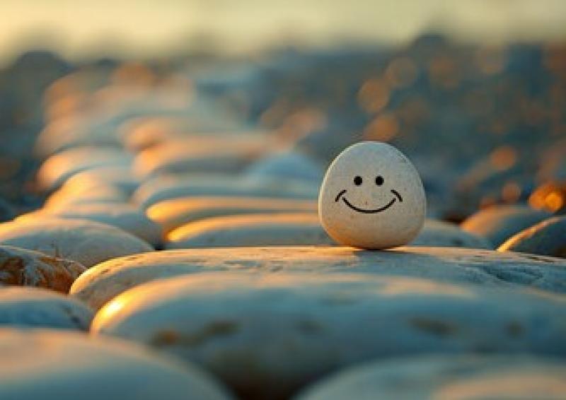 An illustrative ‘smiling’ pebble on a pathway of stones.