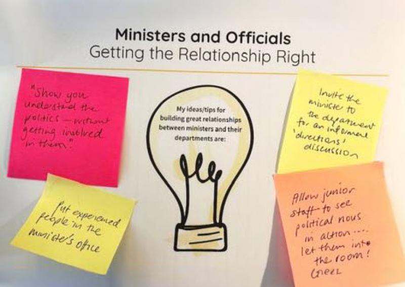 Wording "Ministers and Officials, Getting the Relationship Right", a light bulb with the wording "My ideas/tips for building great relationships between ministers and their departments are:", 4 post-it notes with ideas written on them.