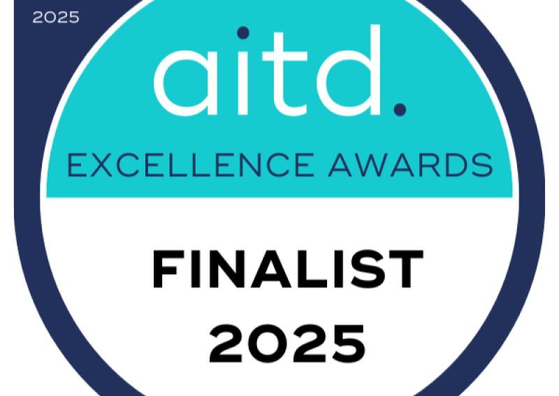 The Australian Institute of Training and Development logo with the wording, ‘aitd. Excellence awards, Finalist 2025’. 