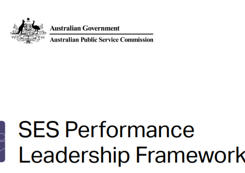 Front cover of SES Performance Leadership Framework with title and Australian Government logo. 