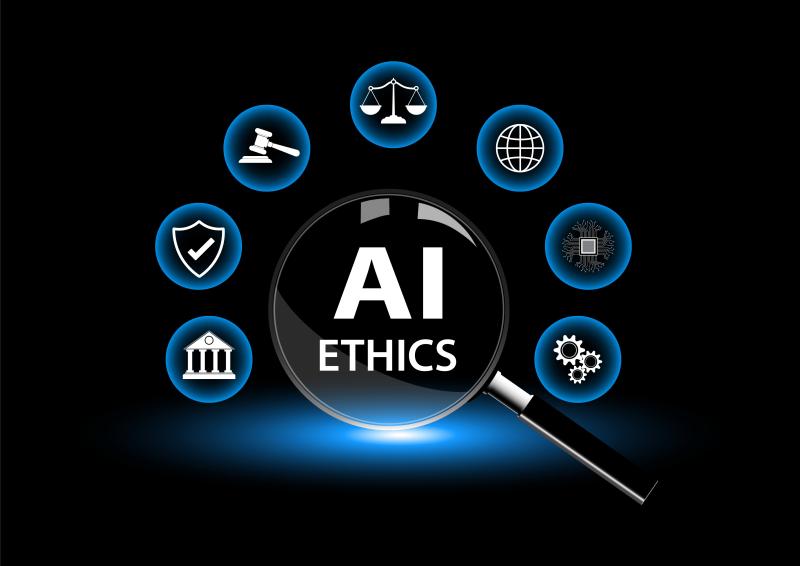 A graphic with the words, ‘AI Ethics’ in the centre of a magnifying glass around which are 7 circles which have infographic icons