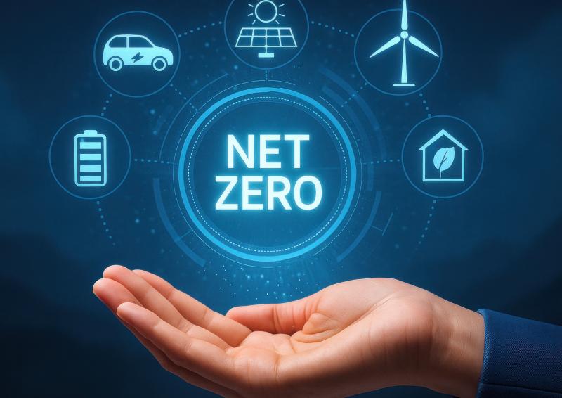 An image of an open hand with wording ‘Net Zero’ above it. This is surrounded by icons of a clip board; an electric car; solar panel/sun; wind turbine; and a house with green leaf symbol inside it. 