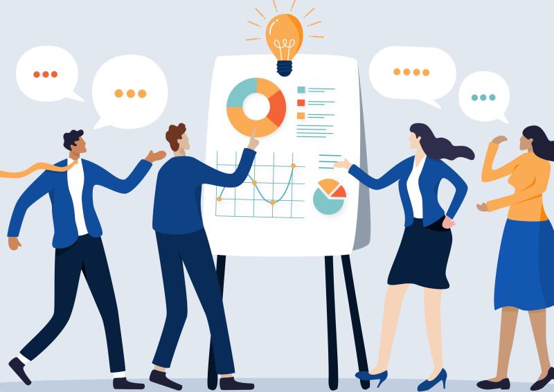 An illustration of a whiteboard with 4 people gathered around it. Each person has a speech bubble above them with figurative dots representing speech. 