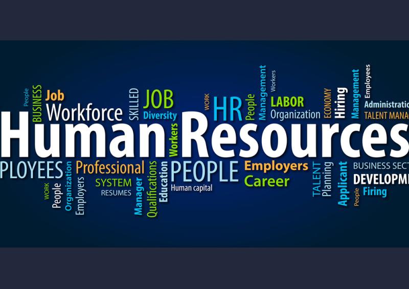 Word cloud of lots of words related to Human Resources. 