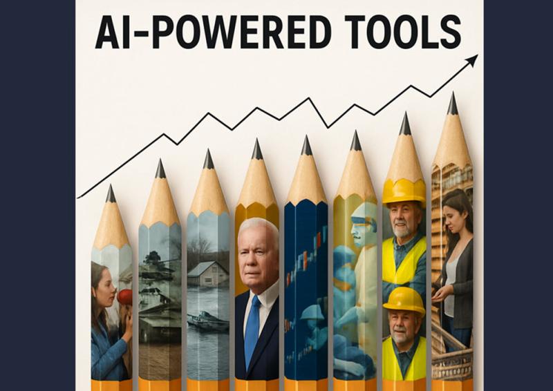 Illustrative image of a heading, ‘AI-Powered Tools’ and 8 Pencils underneath with news images wrapped around each and a graph line connecting the lead in the pencils at the top.