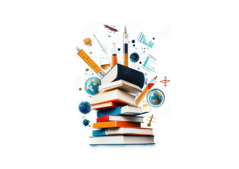 An AI generated illustrative image that features a stack of books with images of the world, syringes, pipettes, graphs and other scientific shapes surrounding the books.