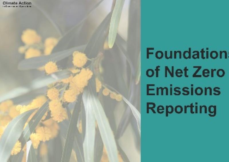 Teal background with wattle branch and text, Foundations of Net Zero Emissions Reporting