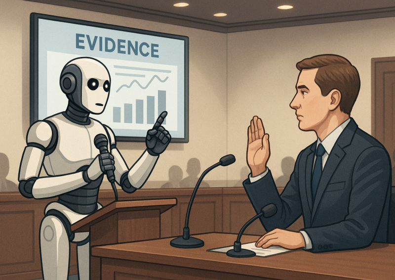 An illustrative image of a robot and a person in a ‘courtroom’ setting with the person swearing under oath.
