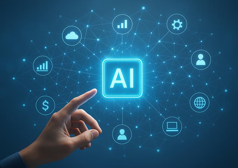 Digital ai hub with connected business icons for analytics finance settings cloud user network computer and globe showcasing intelligent technology integration on dark blue background