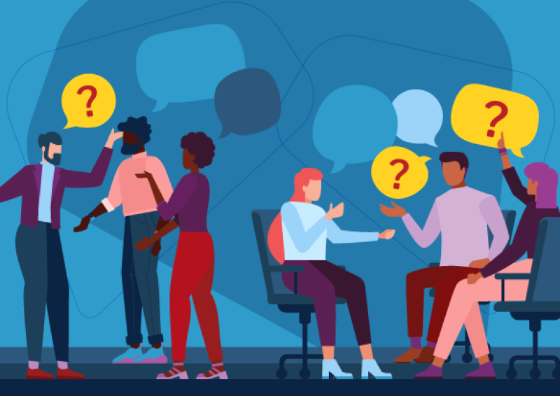 An illustration of 6 people figures questioning each other.