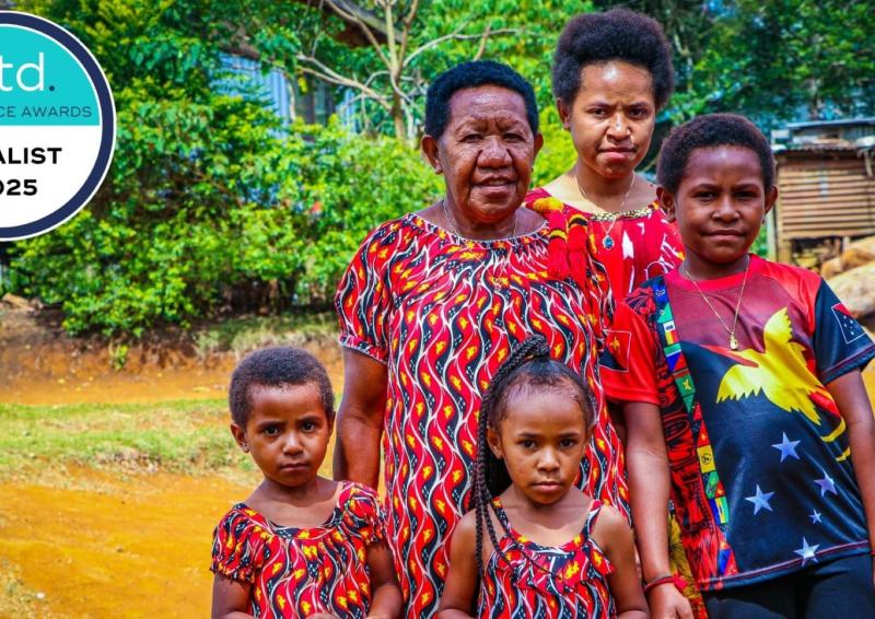 Pacific women and children smiling for photo with finalist overlay