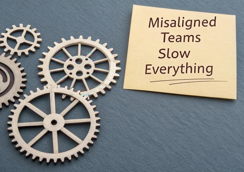 An illustration of 4 cogged wheels overlapping, not in alignment plus post it note with wording, ‘’misaligned teams slow everything’.