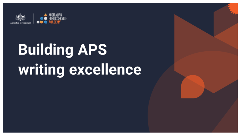 Text saying, Building APS writing excellence on dark navy-blue background with APS Academy logo in top-left hand corner